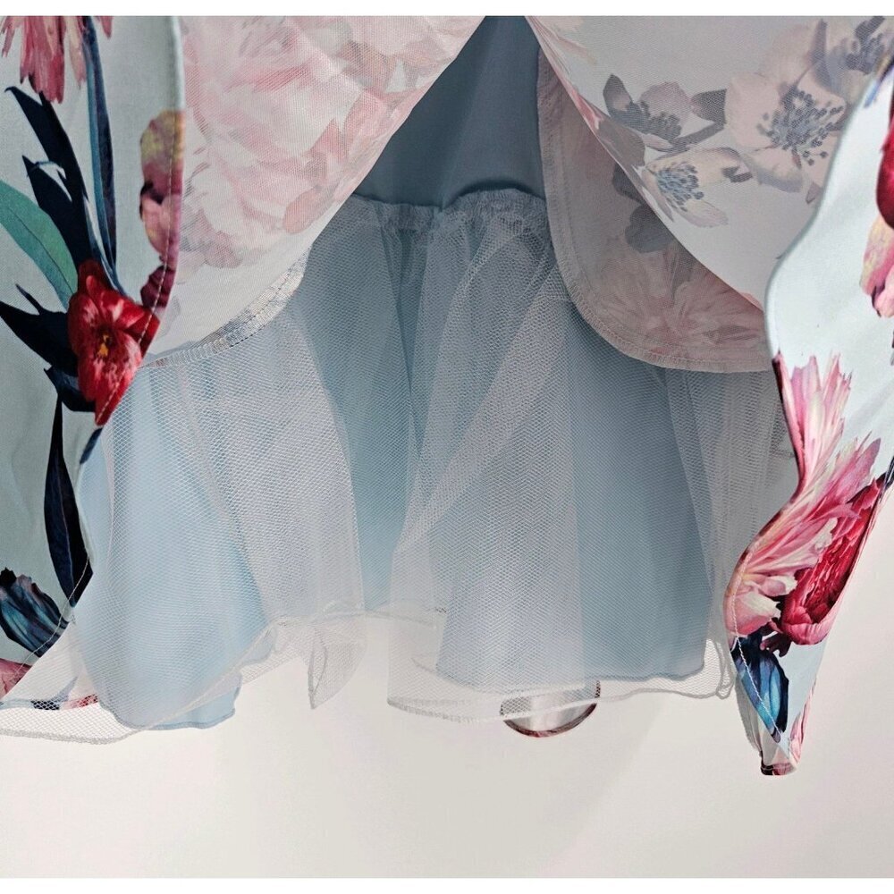 New City Triangles Jr Sz 11 Sky Blue Floral Dress Tulle Edged Attached Slip - Picture 5 of 6